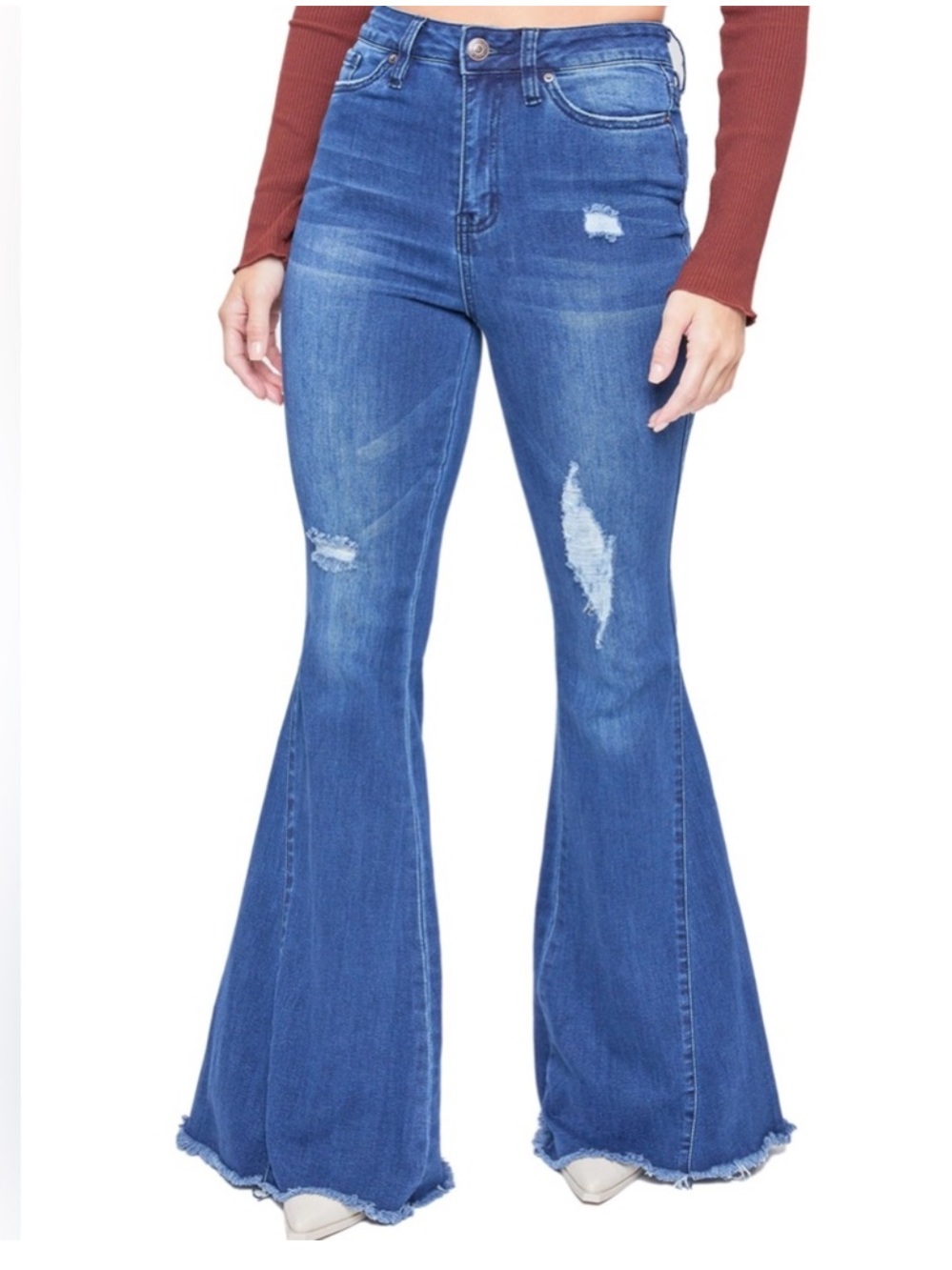 YMI Blue High-Rise Distressed Wide-Leg Flare Jeans